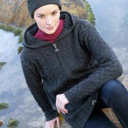 Gilet Femme long &agrave; capuche en pure laine m&eacute;rinos &agrave; double zip M (m&eacute;dium) gris anthracite