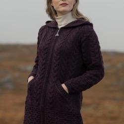 Gilet Femme long &agrave; capuche en pure laine m&eacute;rinos &agrave; double zip XS (extra small) bordeaux prune