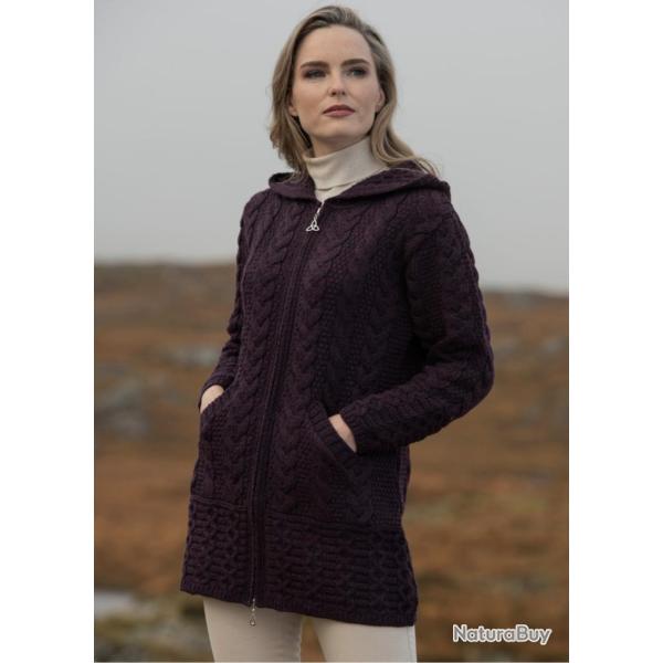 Gilet Femme long � capuche en pure laine m�rinos � double zip XS (extra small) bordeaux prune