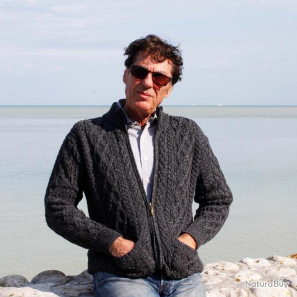 Gilet homme chaud grosses mailles zip pour en pure laine m�rinos gris  2XL gris anthracite