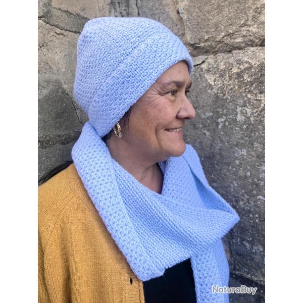 Bonnet en pure laine m�rinos � c�te de riz  Bleu ciel