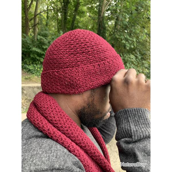 Echarpe en pure laine m�rinos maille tricot c�te de riz rouge bordo