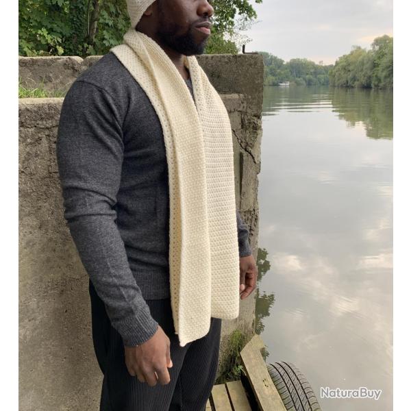 Echarpe en pure laine m�rinos maille tricot c�te de riz  blanc �cru