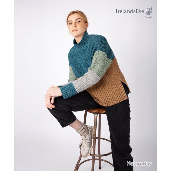 Pulls irlandais chauds femmes en laine m�rinos cachemire et soie avec col montant 2XL vert bleut�