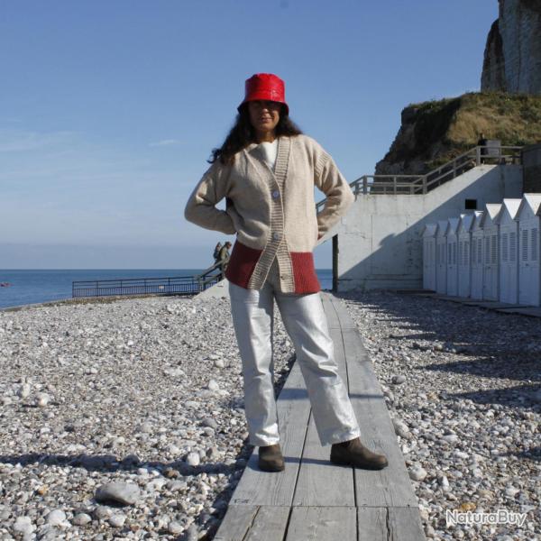 Gilet femme chaud nordique en laine et cachemire bicolore S (small) rouge orang�