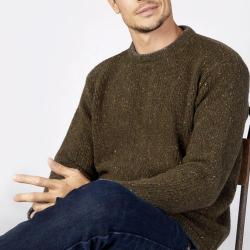 Pull homme chaud hiver pure laine et cachemire col rond vert kaki 2XL