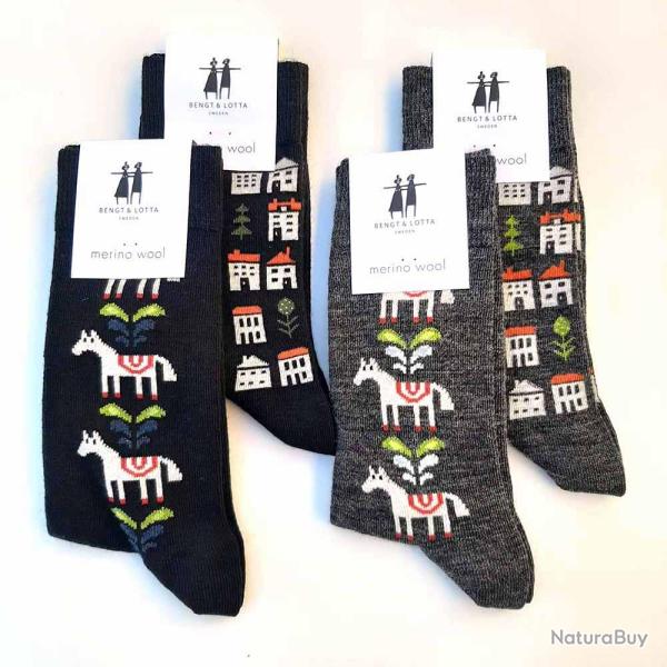 Chaussettes � motifs chevaux en laine m�rinos noir  35/39