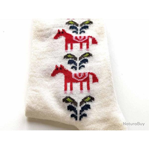 Chaussettes � motifs chevaux en laine m�rinos blanc �cru 40/45