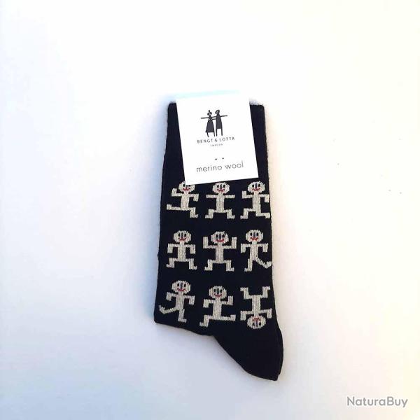 Chaussettes Bonhomme cr�ateurs laine m�rinos fantaisie noir  35/39