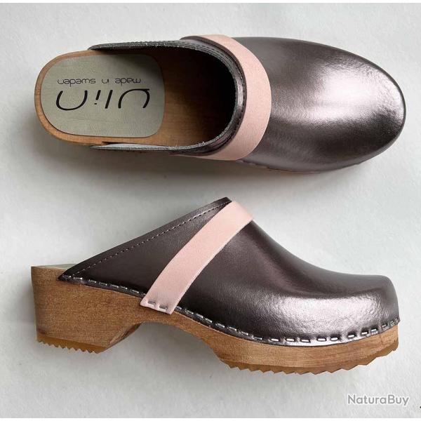 Sabots en bois femme et cuir m�tallis� bande nubuck ou cuir M�tal �tain