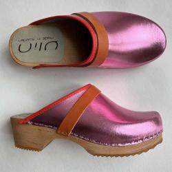 Sabots en bois femme et cuir m&eacute;tallis&eacute; bande nubuck ou cuir M&eacute;tal Rose