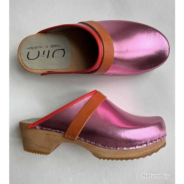 Sabots en bois femme et cuir m�tallis� bande nubuck ou cuir M�tal Rose