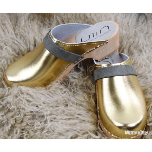 Sabots en bois femme et cuir m�tallis� bande nubuck ou cuir M�tal dor�