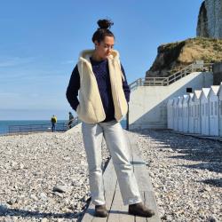 Veste laine m&eacute;rinos capuche et fermeture ZIP femme et homme blanc &eacute;cru 4