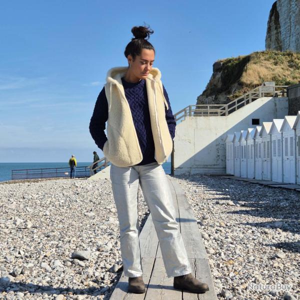 Veste laine m�rinos capuche et fermeture ZIP femme et homme blanc �cru 4