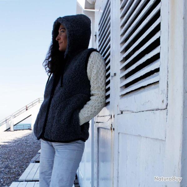 Veste laine m�rinos capuche et fermeture ZIP gris anthracite 6