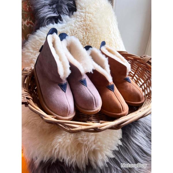Chaussons Femme et Hommes chauds et hauts en peau d agneau moka