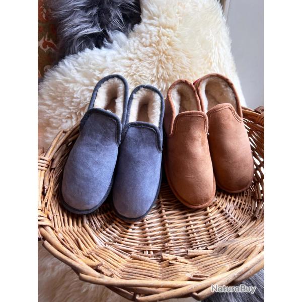 Chaussons chauds charentaises Homme et femme en peau de mouton gris