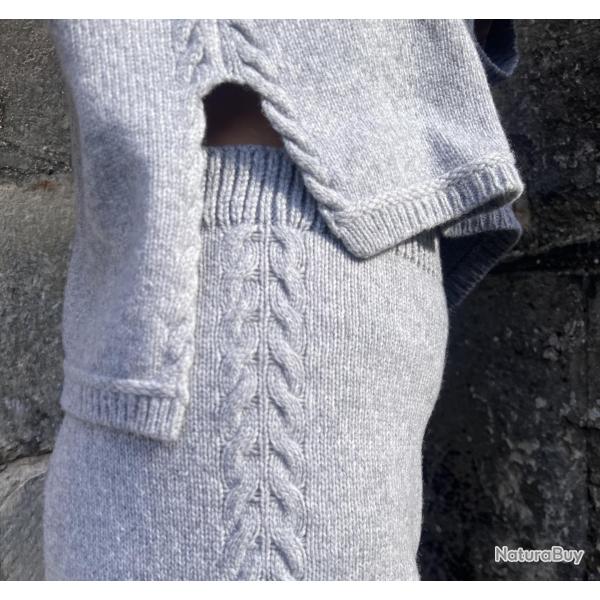 Pull femme chaud en laine merinos asym�trique et maille jersey et torsades XS (extra small) gris arg
