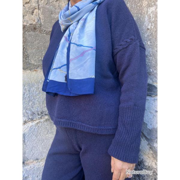 Pull femme chaud en laine merinos asym�trique et maille jersey et torsades bleu marine navy S (small