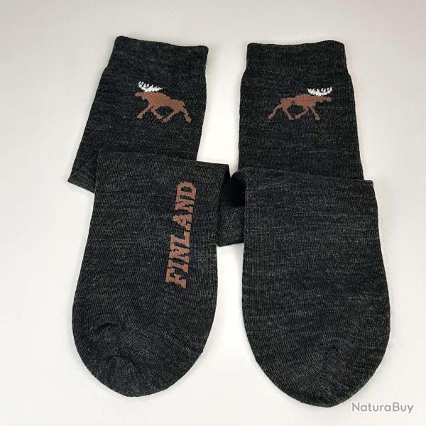 Chaussettes chaudes et fines en laine m�rinos motif renne nordique 40/42 gris