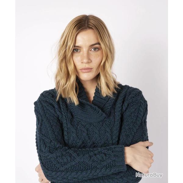 Pull chaud femme torsades irlandais pure laine et col ch�le bleu marine navy XS (extra small)