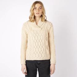 Pull chaud femme torsades irlandais pure laine et col ch&acirc;le beige XS (extra small)
