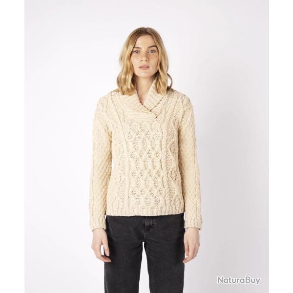 Pull chaud femme torsades irlandais pure laine et col ch�le beige XS (extra small)