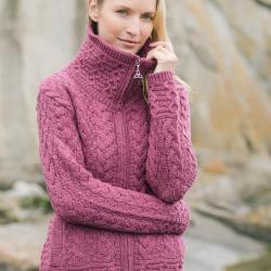 Gilet femme zipp&eacute; &agrave; col montant en pure laine de merinos L (large) rose framboise