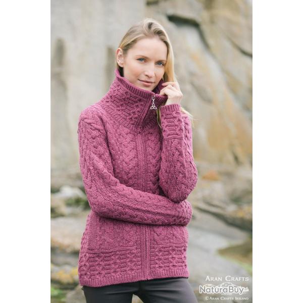 Gilet femme zipp� � col montant en pure laine de merinos L (large) rose framboise