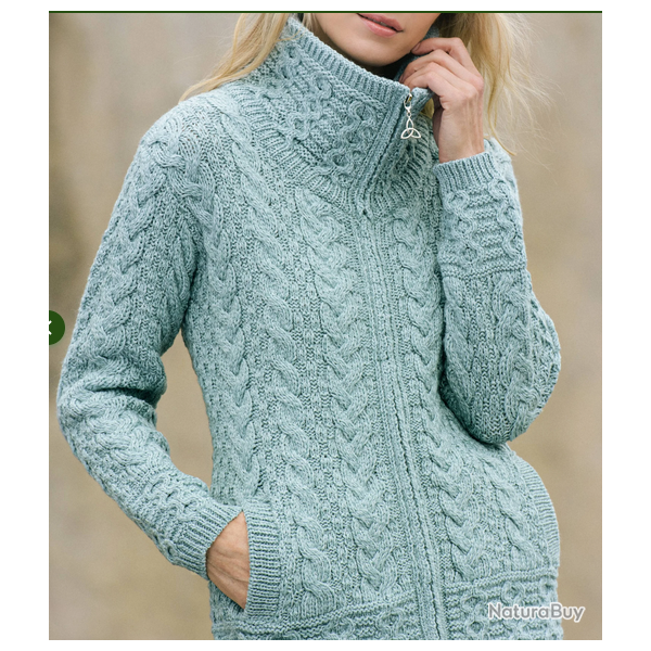 Gilet femme zipp� � col montant en pure laine de merinos M (m�dium) vert d'eau