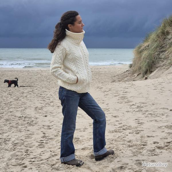 Gilet femme zipp� � col montant en pure laine de merinos blanc �cru XS (extra small)