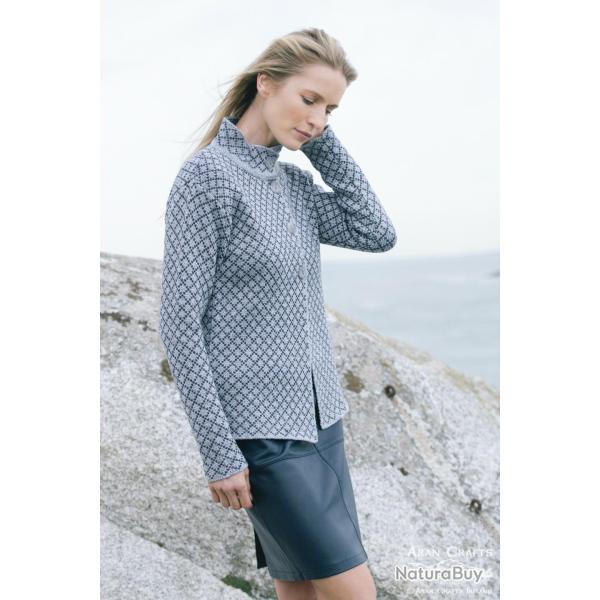 Veste femme jacquard avec boutons et col en pure laine m�rinos  gris  L (large)