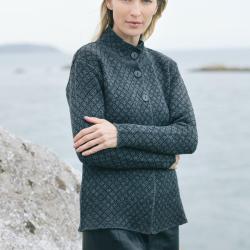 Veste femme jacquard avec boutons et col en pure laine m&eacute;rinos gris fonc&eacute; M (m&eacute;dium)