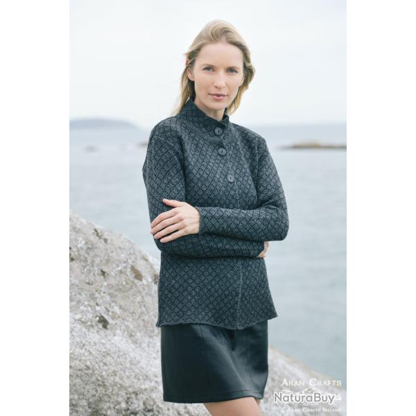 Veste femme jacquard avec boutons et col en pure laine m�rinos  gris fonc� L (large)