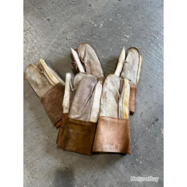 LOT DE 5 PAIRES DE GANTS " POSE RONCE " EN CUIR EPAIS G�nie Militaire pose barbel�s ann�es 50