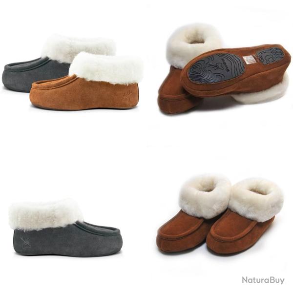 Chaussons chauds anti d�rapants peau d agneau moka ou gris homme et femme moka