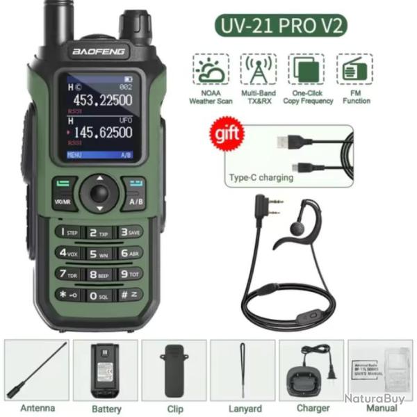 VHF BAOFENG UV-21 PRO vert, Longue distance, CB, RADIO, 999 canaux, oreillettes - PROMO LIMIT�E