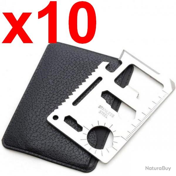 Lot de 10 cartes multifonction 15 en 1 avec �tui en cuir - Ouvre-boite, couteau, scie, cl�, r�gle...