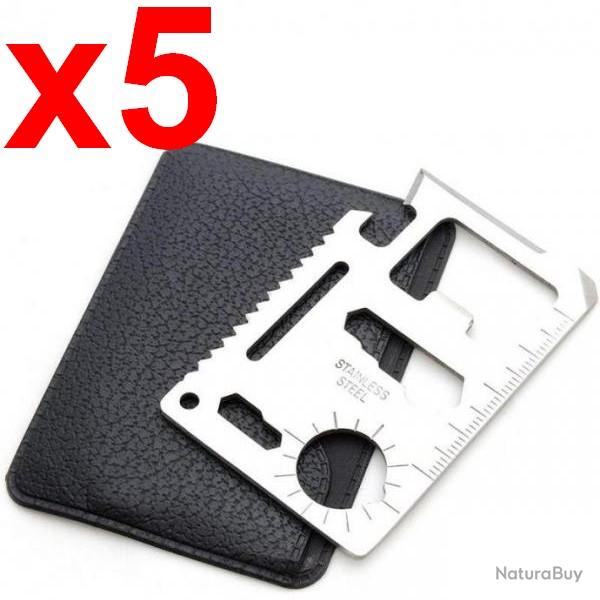 Lot de 5 cartes multifonction 15 en 1 avec �tui en cuir - Ouvre-boite, couteau, scie, cl�, r�gle...