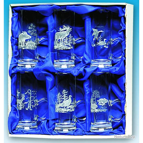 Verres � eau de vie � hanse en coffret sc�ne de chasse