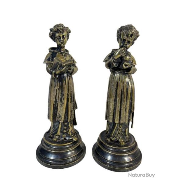 Paire de sacristains ou enfants de coeur en bronze argent� du XIX eme si�cle sculpture