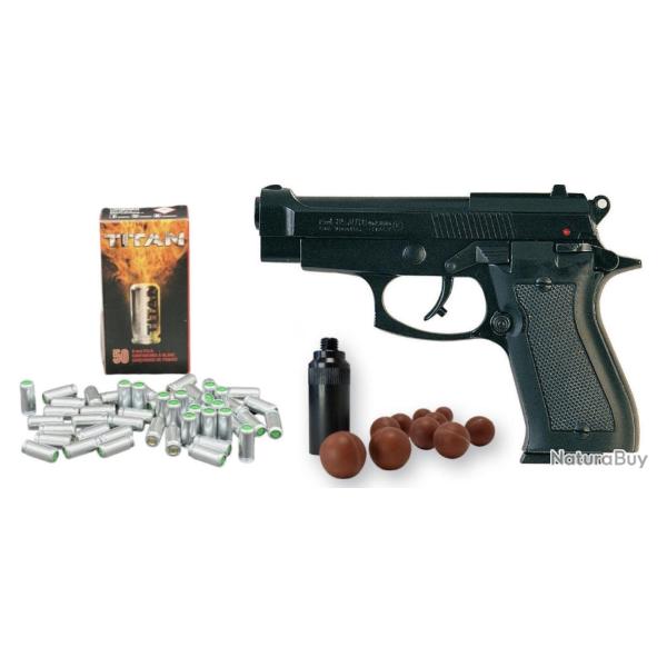 Pack d�fense Pistolet Kimar 85 calibre 9mm PAK � balles � blanc + Embout self-gomme (Pistolet d'alar