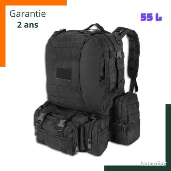 Sac � dos tactique 55L Noir + 3 sacs accessoires d�tachables - Livraison rapide - Garantie 2 ans
