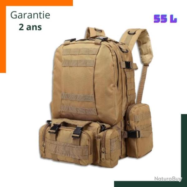 Sac � dos tactique 55L Tan + 3 sacs accessoires d�tachables - Livraison rapide - Garantie 2 ans