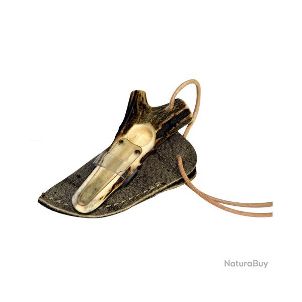 Appeau � chevreuil en corne de cerf, avec �tui en cuir