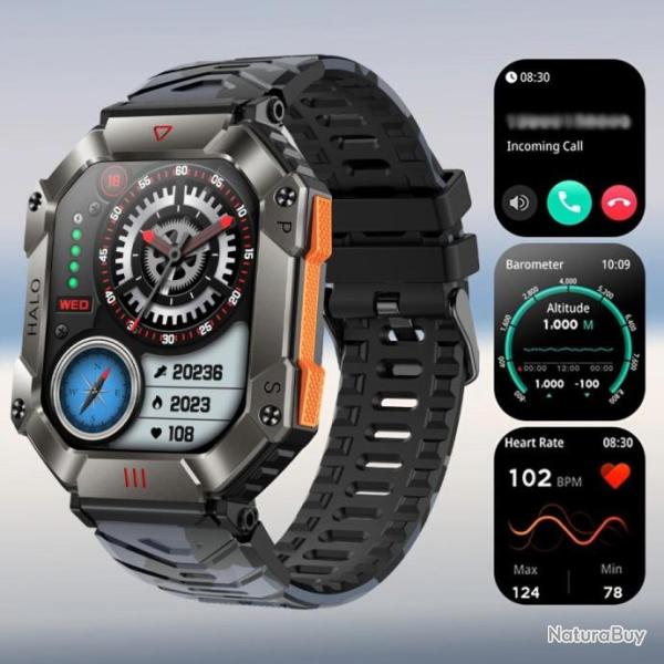 Montre Connect� Militaire Ultra Robuste Boussole Piste GPS M�t�o 2024 Sport Bluetooth Noire