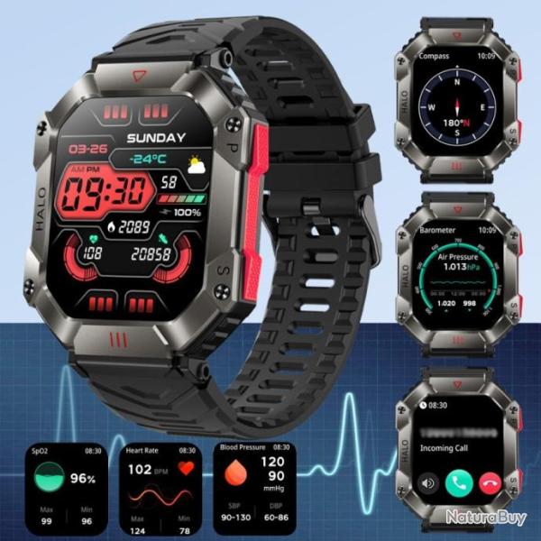 Montre Connect� de Sport Militaire Ultra Robuste Boussole Piste GPS M�t�o 2024 Bluetooth Noire