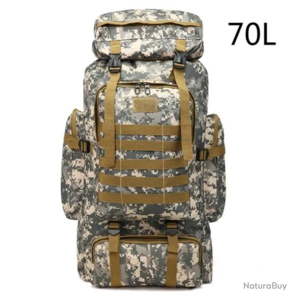 Sac � Dos Tactique 70L Sac Militaire Multifonctionnel Tissu Oxford Randonn�e Plein Air Chasse Gris