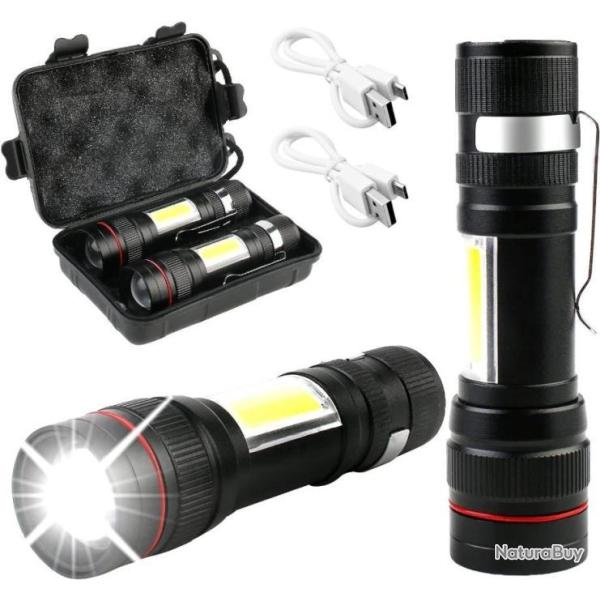 Lot de 2 Mini Lampes de Poche Led 2000 Lumens �tanche Zoom avec Clip 3 Modes P�che Camping Randonn�e